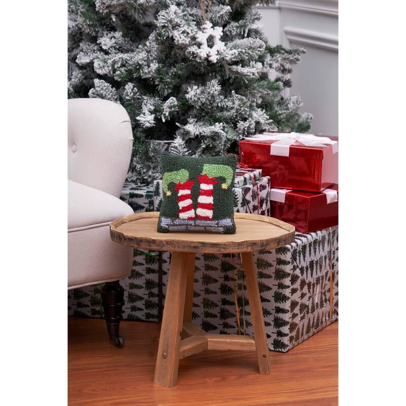 8" x 8" Elf Legs Hooked Christmas Throw Pillow