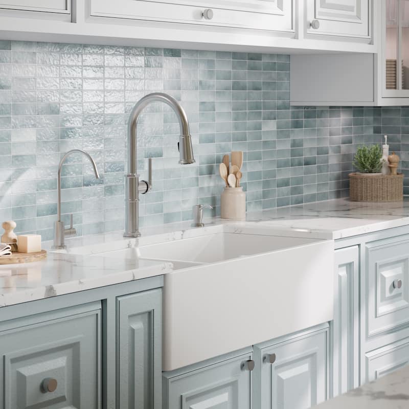 Karran 33" Double Bowl Panel Front Farmhouse Fireclay Kitchen Sink with Reversible Apron Front