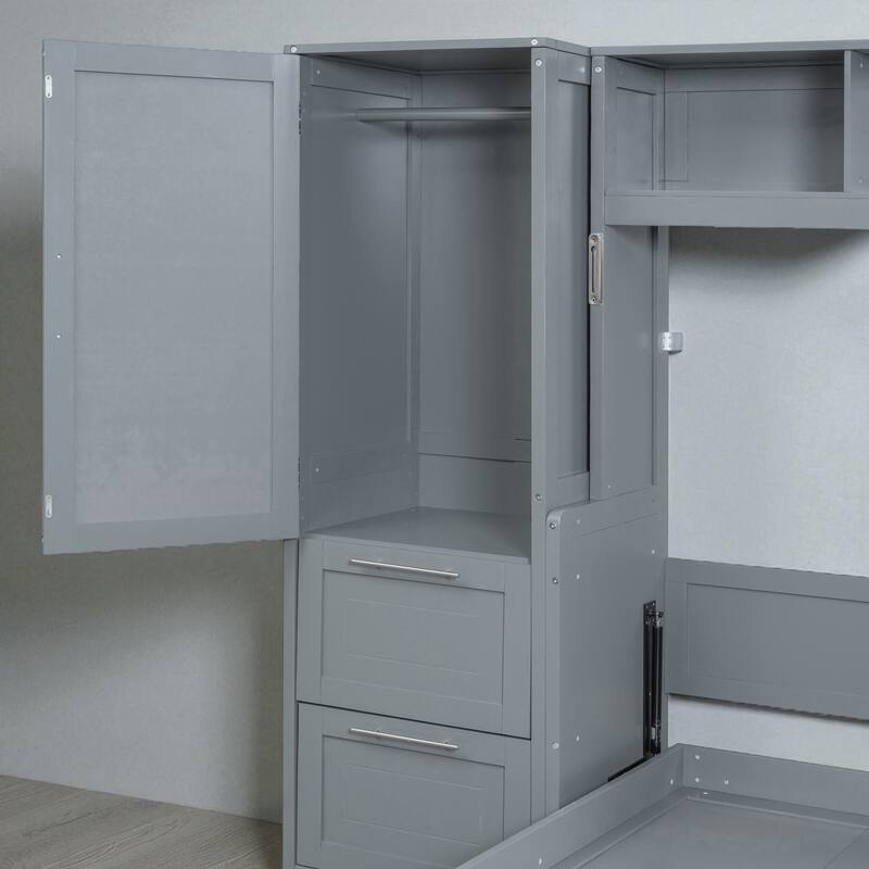 Full Size Murphy Bed with Closet and Drawers, Wall Bed with Wardrobe and Storage Shelves, Space-Saving Folding Bed