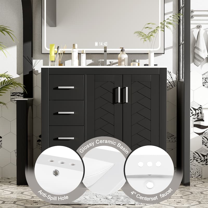 36'' Freestanding Bathroom Vanity Set–Features a Ceramic Sink, Solid Wood Frame,3 Soft-Closing Drawers, and Ample Storage Space.
