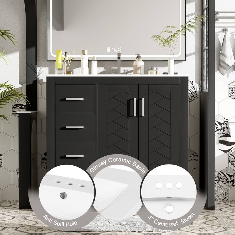 GDFStudio - Montclair Modern Freestanding Bathroom Vanity with Ceramic Sink and 3 Storage Drawers & Soft Closing Doors - 36'W