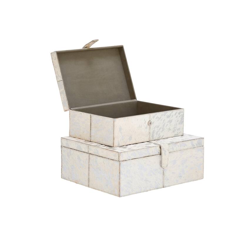 Leather Handmade Decorative Box with Hinged Lid - Set of 2 Gray, Brown, Dark Brown, Gold, Silver - Roche River Decor