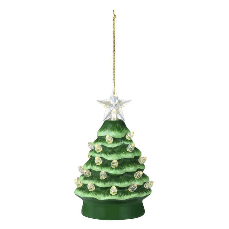 5 in. Set of Nostalgic Ceramic Tree Ornament- Green with White Bulbs