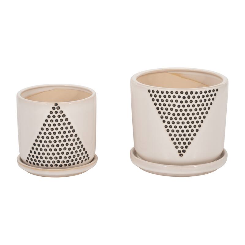 Handmade White and Black Ceramic Planters with Saucers (Set of 2)