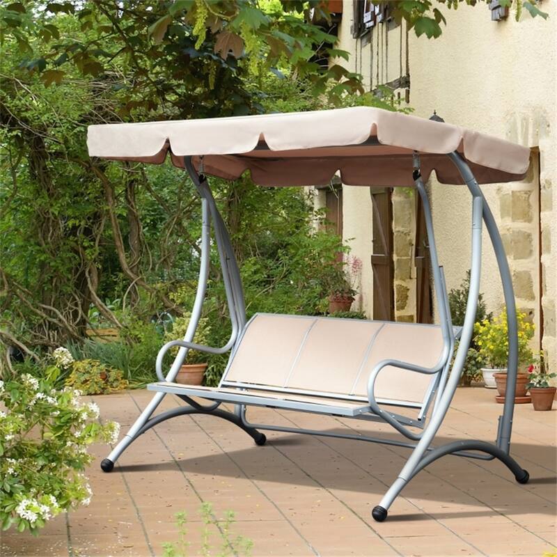 Outdoor Patio Swing Chair for 3 Adults with Adjustable Canopy - Brown