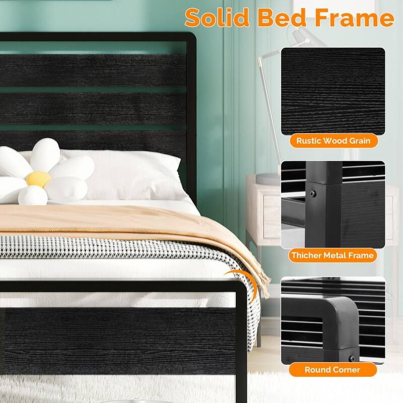 Bed Frame with LED Light and Charging Station, Metal Platform Bed with Wood Headboard