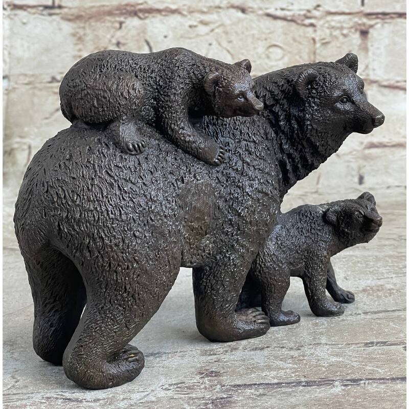 Signed Original Happy Grizzly Bear Family Bronze Sculpture Art Deco Figure Decor