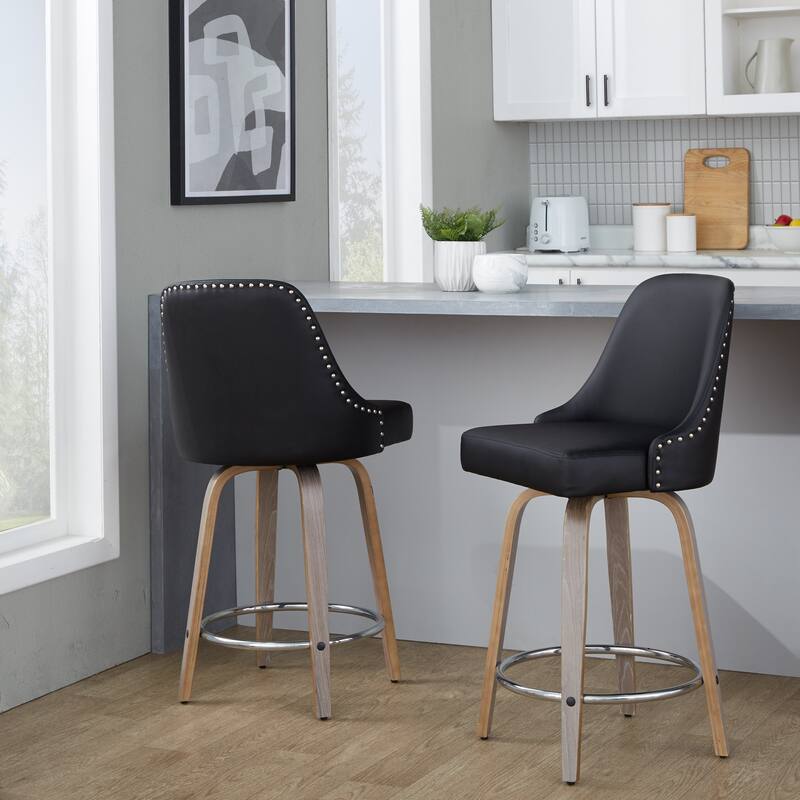 Porch & Den Studded Naldi 26" Fixed-Height Counter Stool with Bent Wood Legs & Round Footrest (Set of 2)