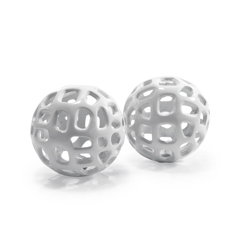 HomeRoots Set of Two White Aluminum Hand Painted Decorative Orbs - 4.00 in. x 4.00 in. x 4.00 in.