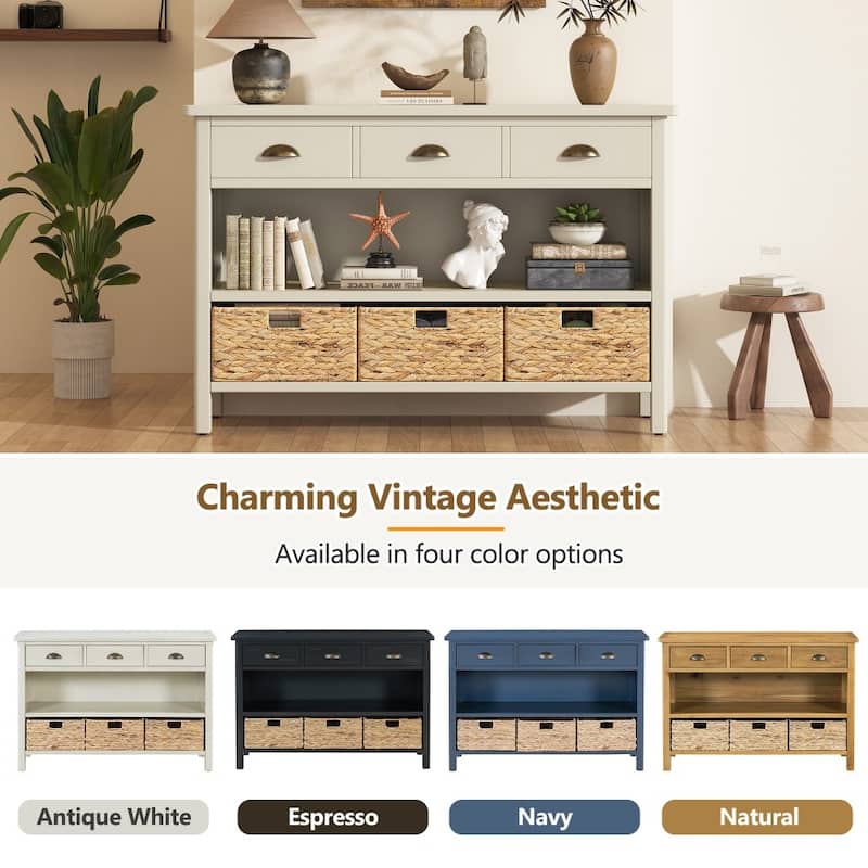 Retro Wooden Console Table with 3 Storage Drawers and Woven Baskets for Entryway