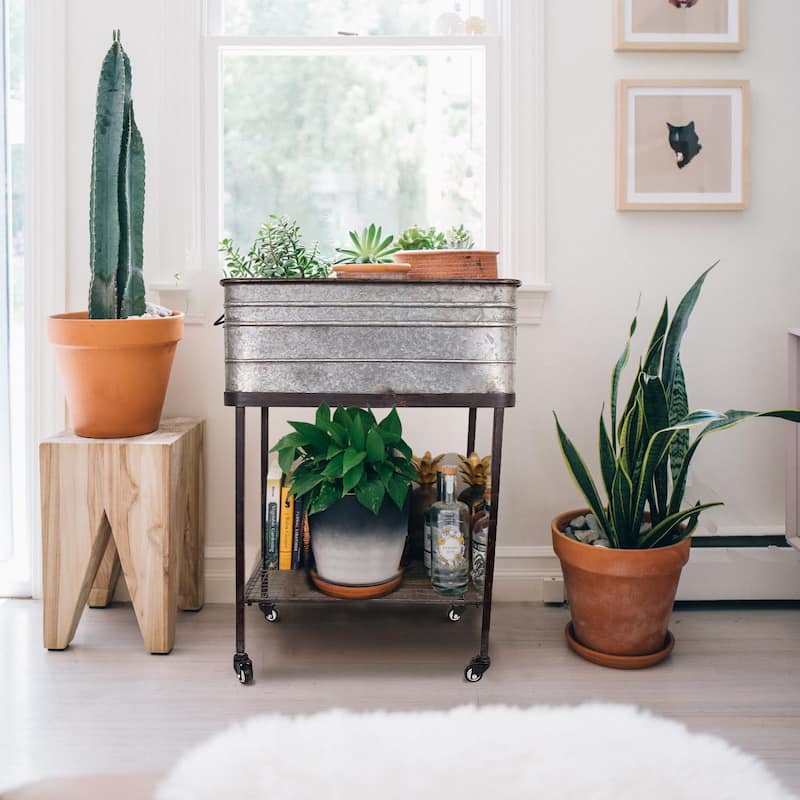 Metal Planter Tub on Stand with Rolling Wheels