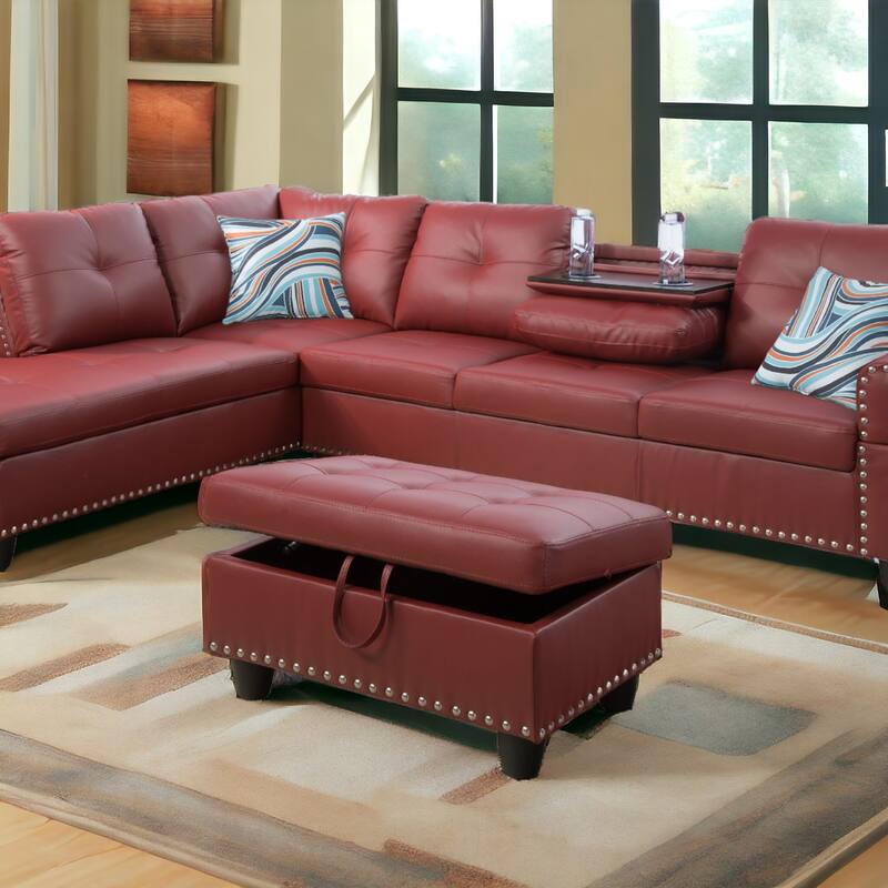 KISRAIS 28.5" Wide Vegan Leather Nailhead Trim Storage Ottoman