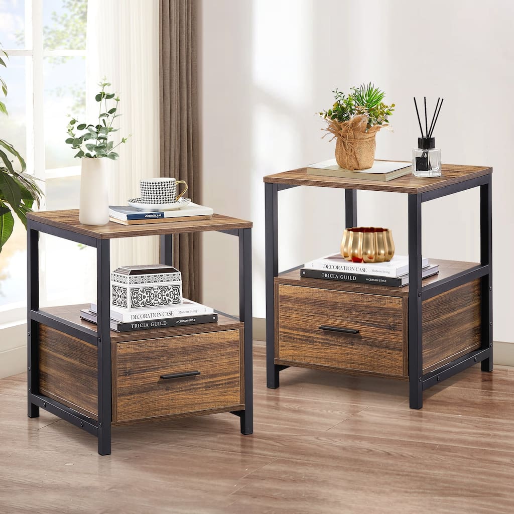 VECELO Nightstand Set of 1/2 Modern Square Metal Frame Side End Table With Drawer & Open Shelf for Living Room Study Bedroom