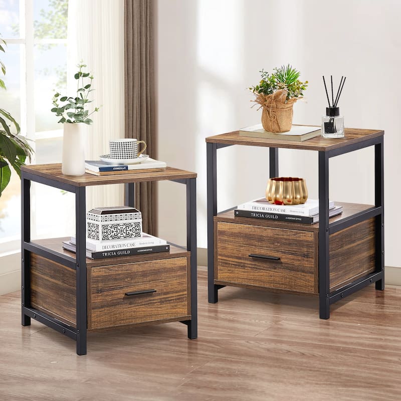 VECELO Nightstand Set of 1/2 Modern Square Metal Frame Side End Table With Drawer & Open Shelf for Living Room Study Bedroom