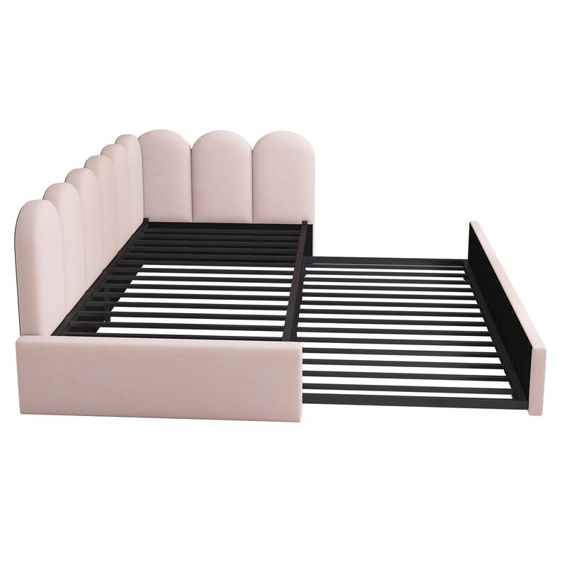 Twin Size Upholstered Daybed with Pull-Out Bed, Velvet Pink Sofa Bed for Adults and Kids, Metal Slatted Frame