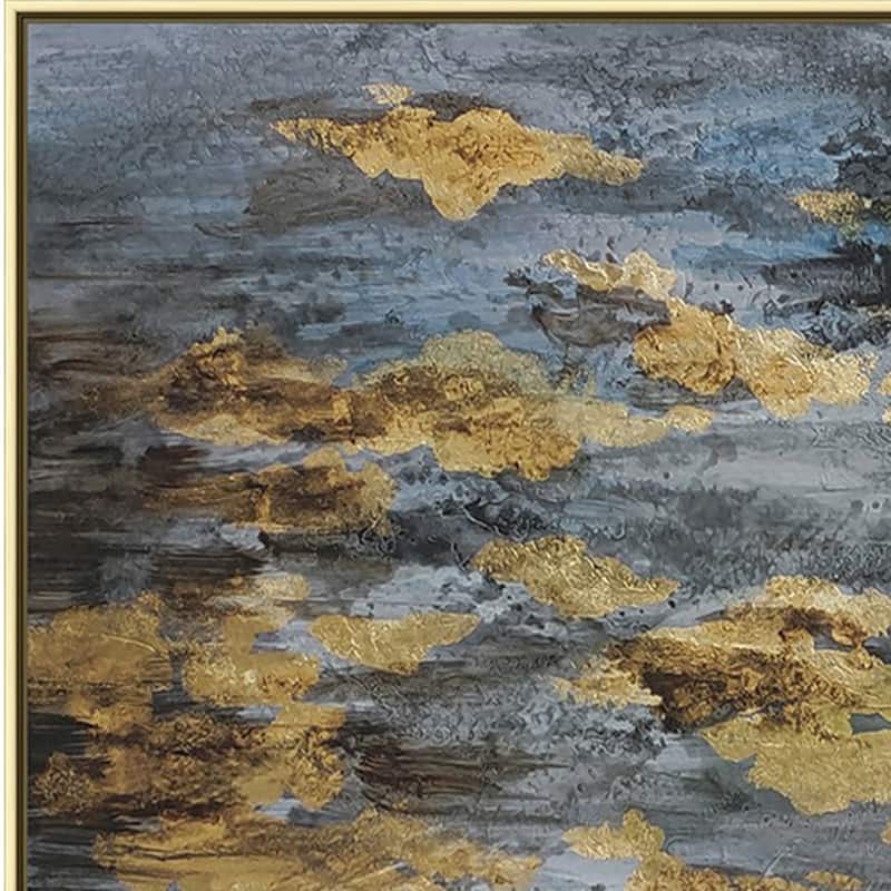 39 x 59 Hand Painted Sky with Gold Foil Clouds, Silver Frame, Resin Coat - Gray, White, Gold, Silver