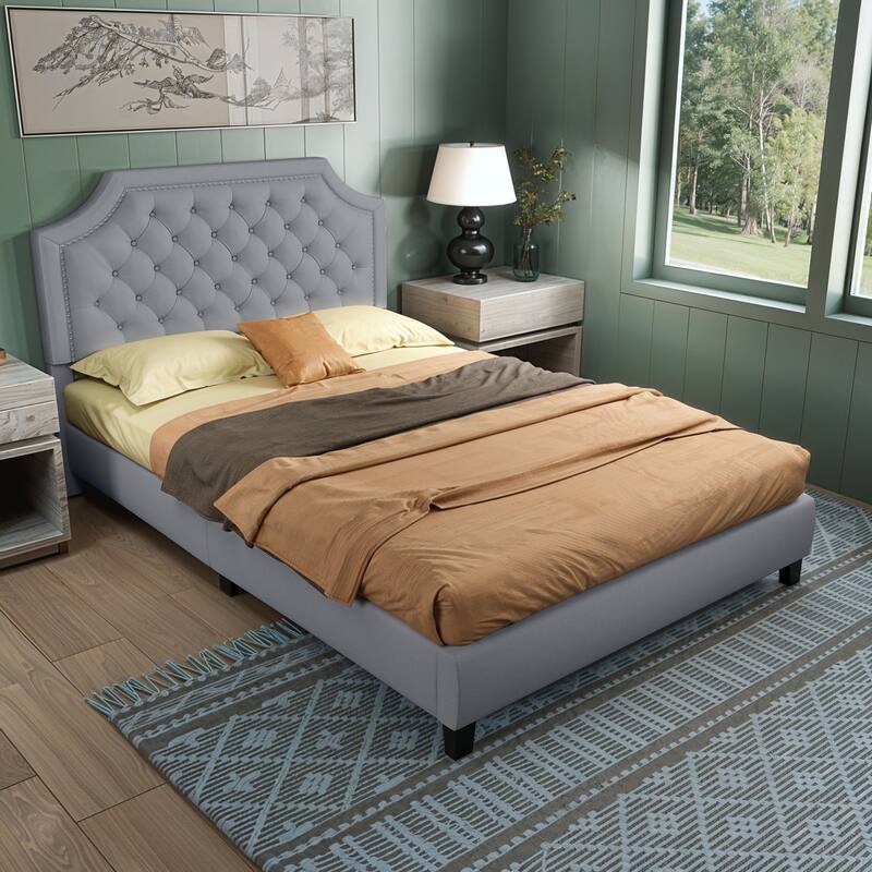 Moasis Upholstered Tufted Bed Frame with Adjustable Height Headboard - Linen Grey - Full