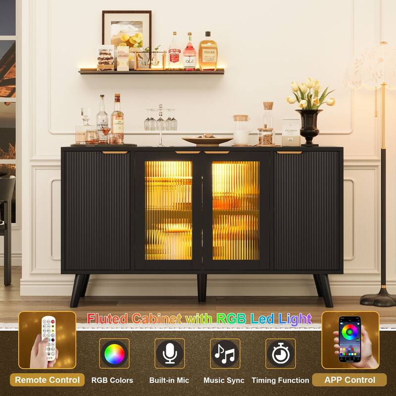 Meyreso Kitchen Sideboard Storage Cabinet with LED Light, 4 Doors