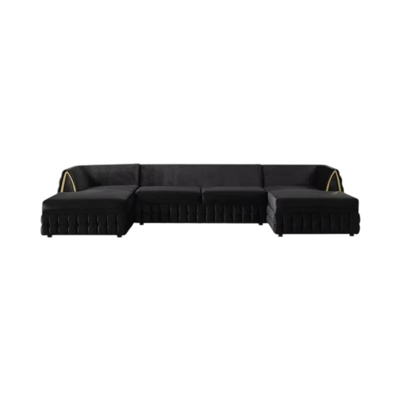 HomeRoots Black Velvet U Shaped Sofa and Chaise Sectional With Toss Pillows