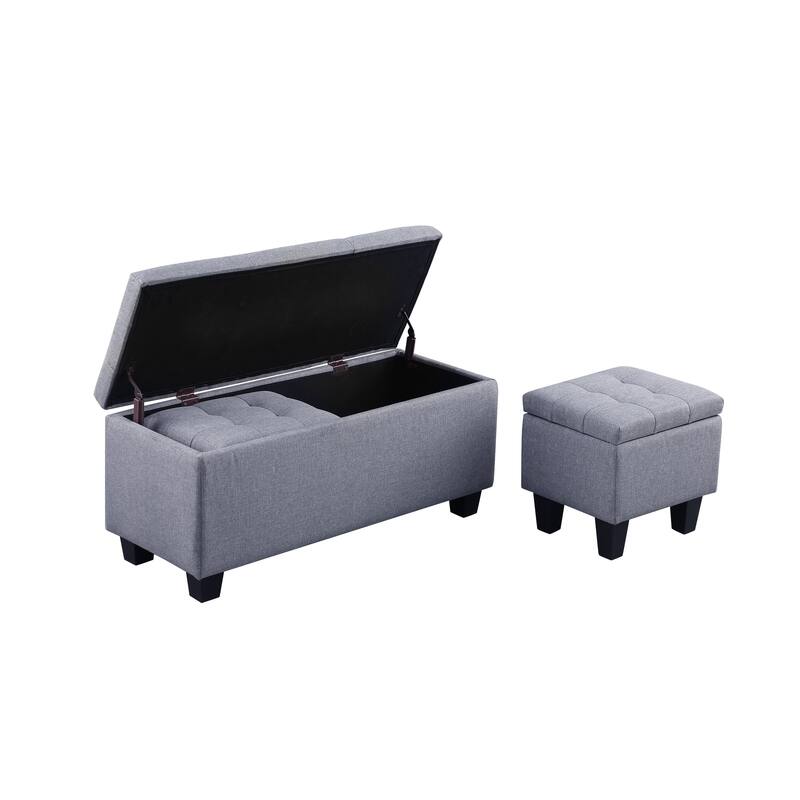 3 in 1 Large Upholstered Fabric Storage Ottoman Bench Set, Gray