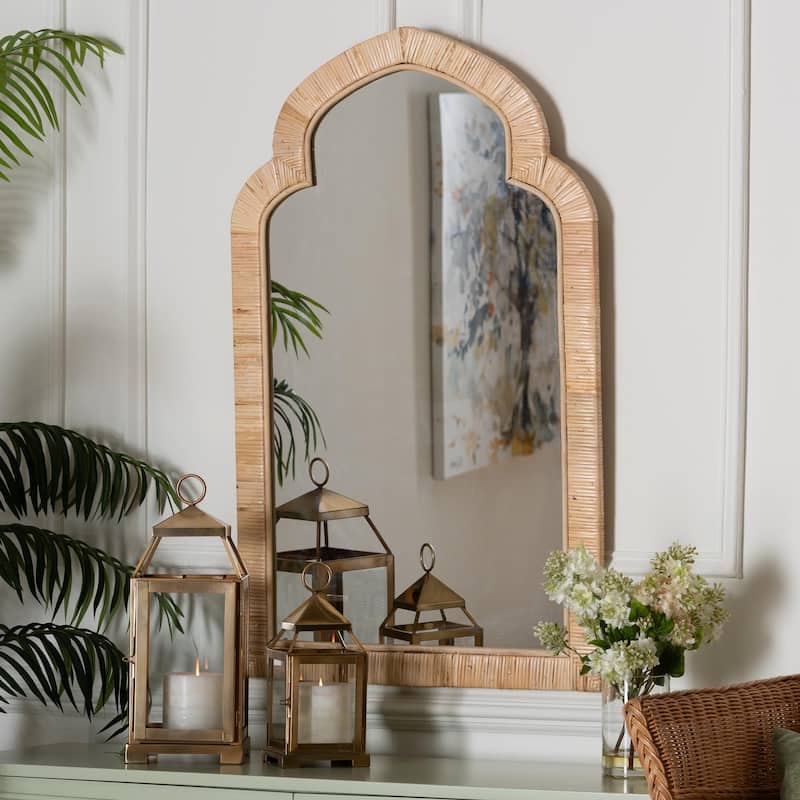 Plautilla Natural Rattan Arched Wall Mirror - Decorative Hand Wrapped Wicker Accent Mirror for Entryway, Bedroom, or Living Room