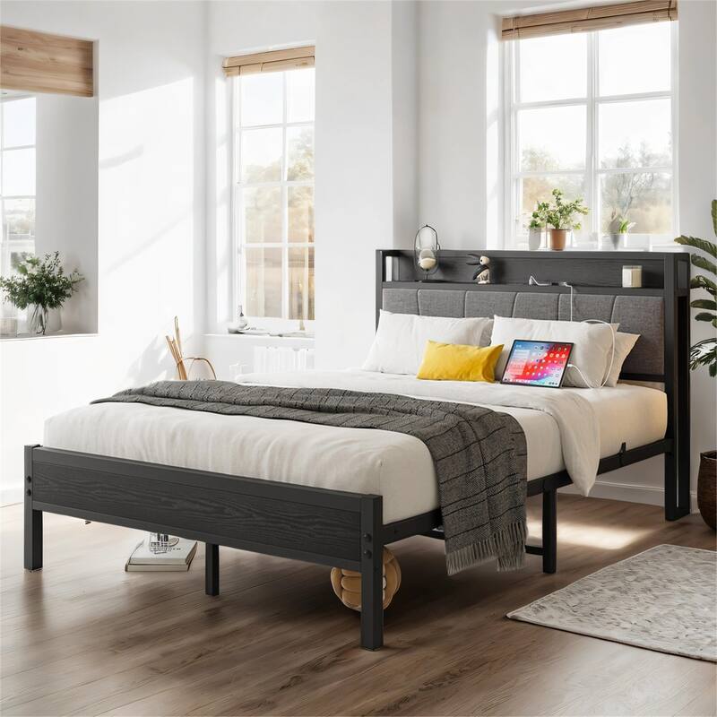 Full Size Bed Frame, Storage Headboard with Charging Station - Black