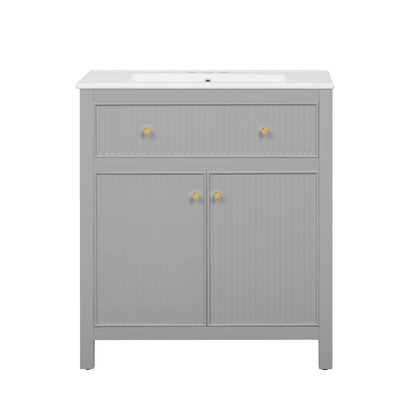 Freestanding Vertical Stripe Groove Storage Cabinet Grey Bathroom Vanity with Tip-out Drawer and Gold Metal Knobs