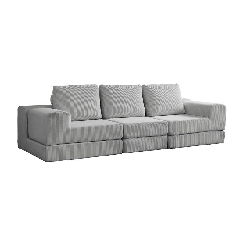 108'' Modular 3-Seater Corduroy Convertible Sofa Bed in Grey