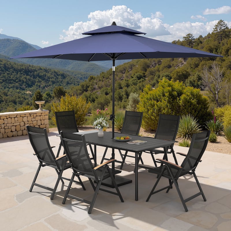 9PC Outdoor Patio Dining Set Aluminum Table with Folding Armchairs w/ Market Umbrella Sets - GreyTable&BlackChairs&NavyBlueUmbrella