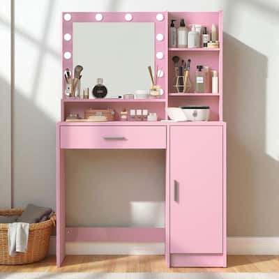 53.9" Vanity Desk with Lighted Mirror, Large Drawer, 3-Level Cabinets, Adjustable LED Lighting Makeup Table for Bedroom