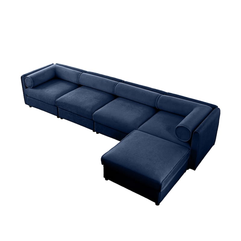 142.5" Chenille L-Shaped Sectional Sofa with Storage & Round Back