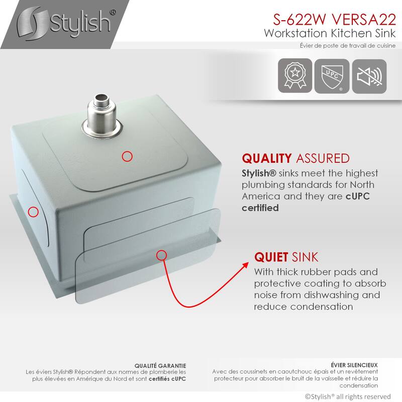 STYLISH 22 inches Workstation Single Bowl Undermount 16 Gauge Stainless Steel Kitchen Sink with Built in Accessories Handmade