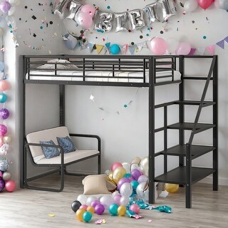 Modern Twin Size Metal Loft Bed With Bench And Storage Staircase for Bedroom