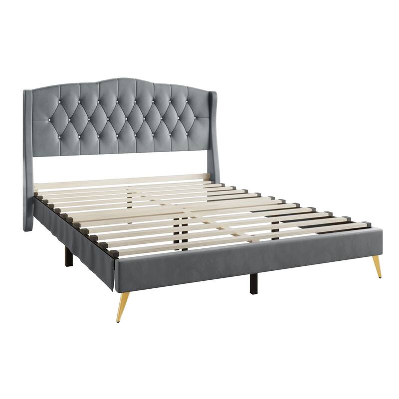 CraftPorch Velvet Diamond Button Tufted Upholstered Platform Bed