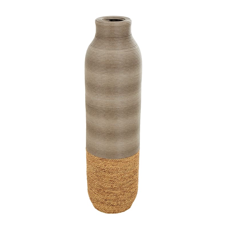 Brown Seagrass Handmade Ribbed Decorative Vase with Coiled Seagrass Base