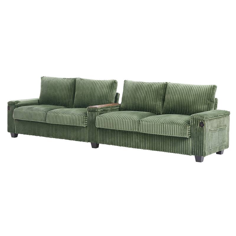 133" Corduroy 4-Seater Sofa with USB Ports, Hidden Storage Arms & Flip-Top Cup Holders