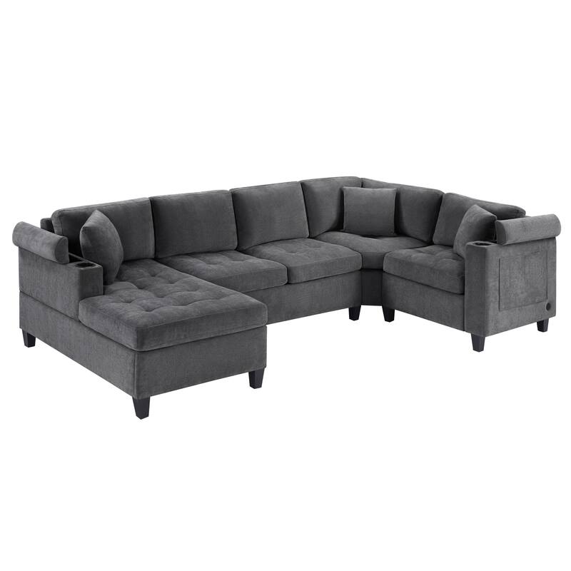 Oversized Corner Sectional, Modern U-Shaped Sectional Sofa with Built-in Storage Boxes and Dual Cup Holders, USB Ports, Pockets