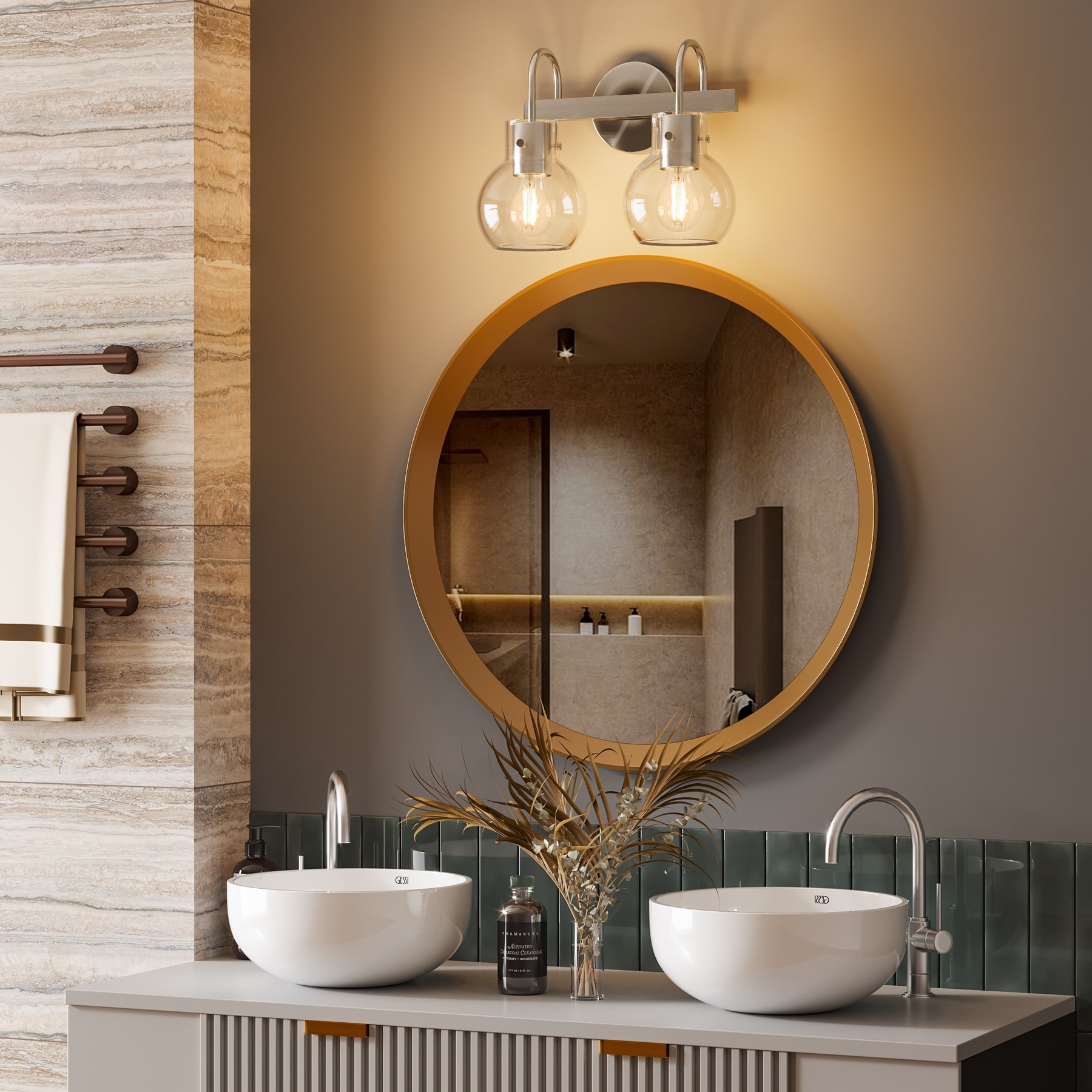 Bathroom Vanity Light 2 Light Brushed Nickel Wall Vanity Light Fixtures with Clear Glass Shade Bed Bath Beyond 36077667
