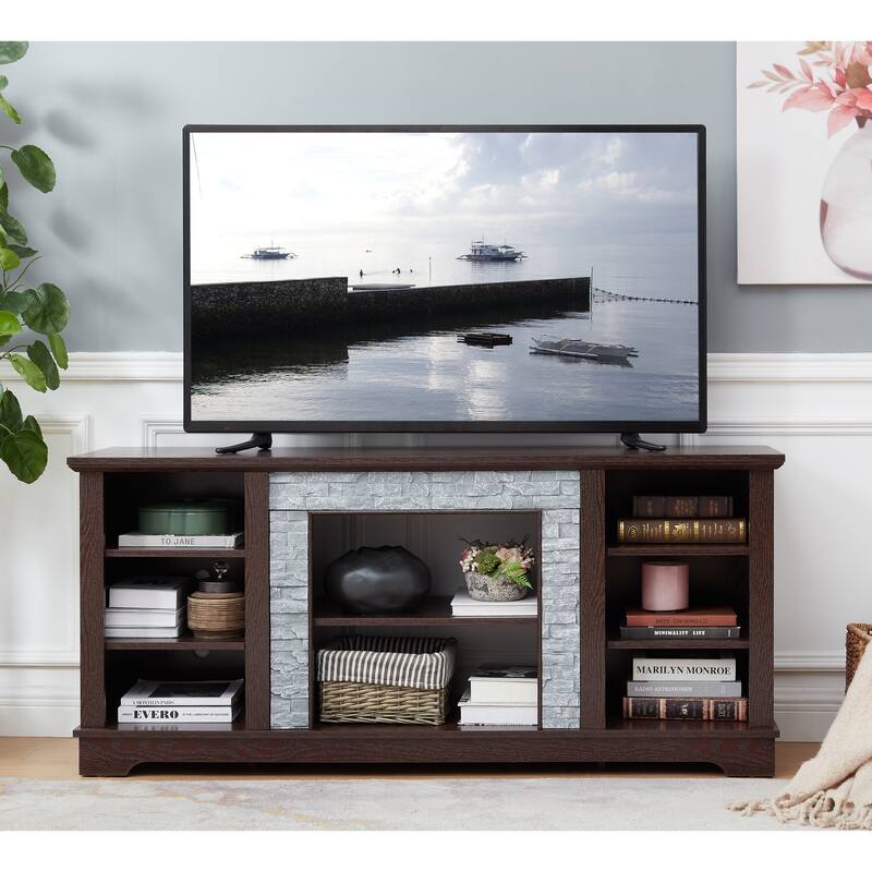 TV Media Console with Faux Stone Surround, 58" Wide Stand for 65" TVs, Open Storage and Cable Management - Cherry