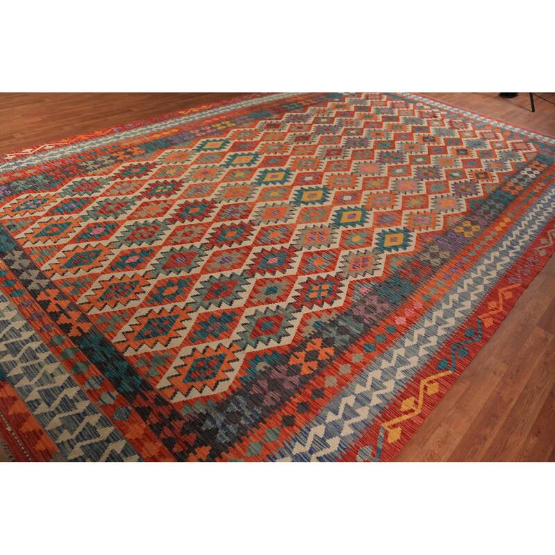 Geometric Kilim Oriental Large Rug Hand-Woven Southwestern Wool Carpet - 10'2"x 16'1"