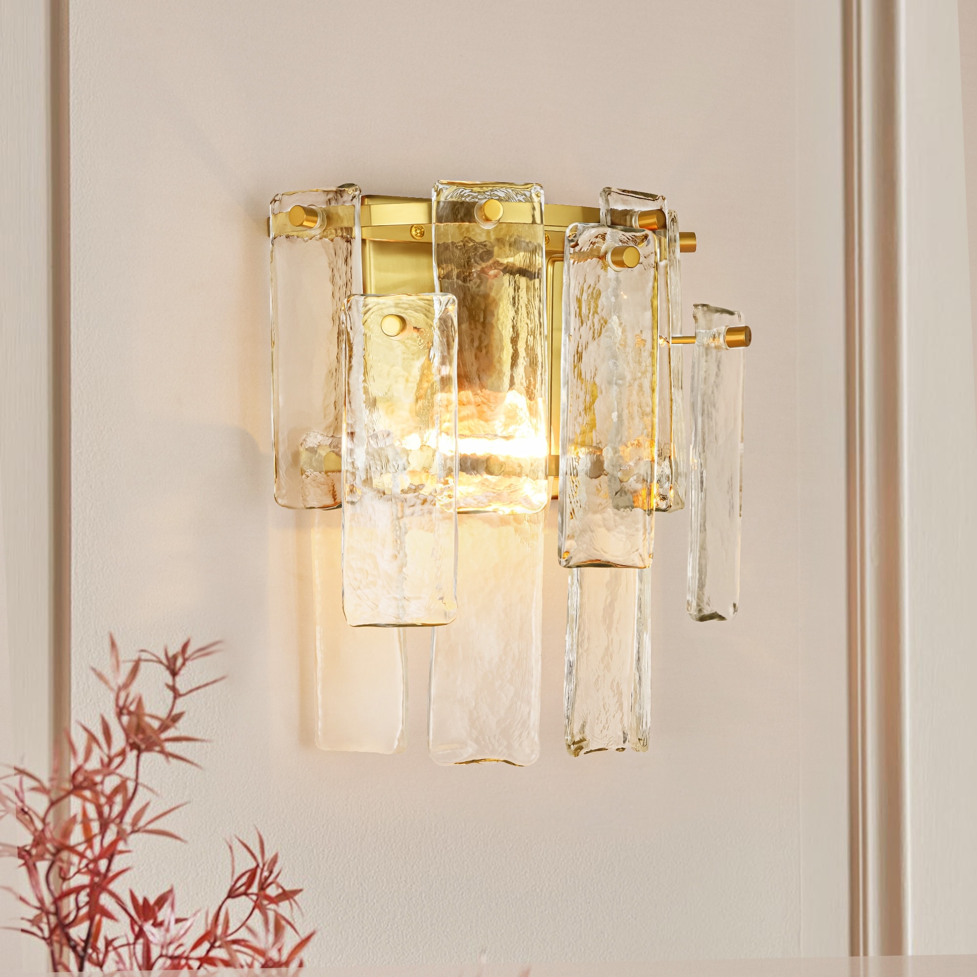 Rennnsan 1-Light Modern Brass Textured Glass Wall Sconce for Bathroom - 1 Light