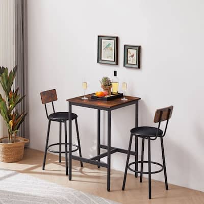 Rustic Brown Bar Table Set with 2 Bar stools PU Soft seat backrest