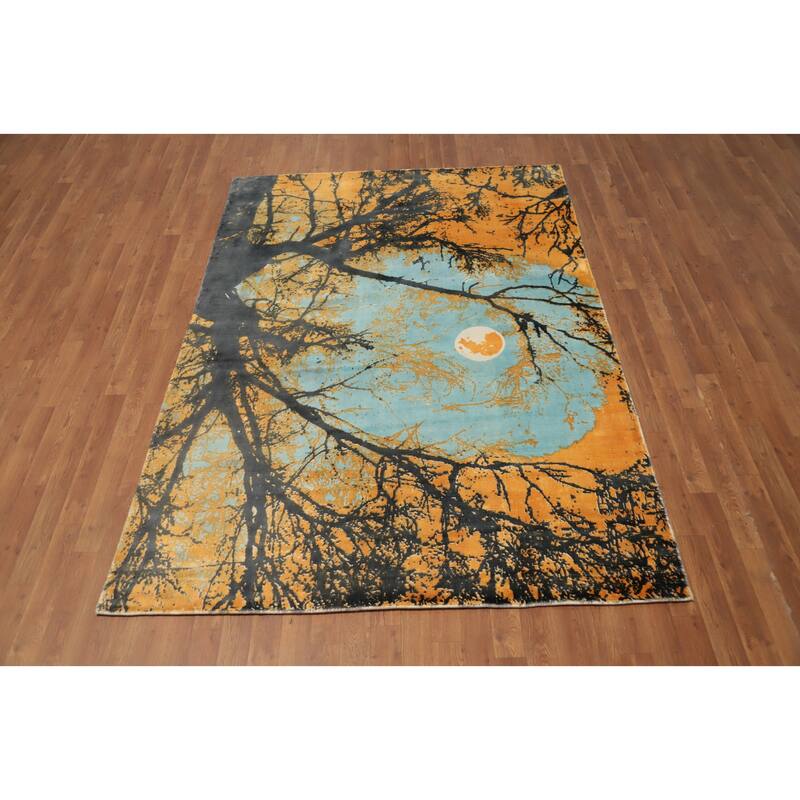 Hand Knotted Oriental Viscose Silk Carpet Modern Pictorial Multi-Colored Abstract Area Rug - 7' 9'' X 5' 6''