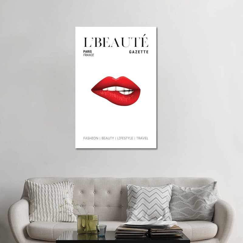 iCanvas "L'Beaute Beauty Magazine Cover With Red Lipstick On Bitten Lips" by Design Harvest Canvas Print - 48x32x1.5