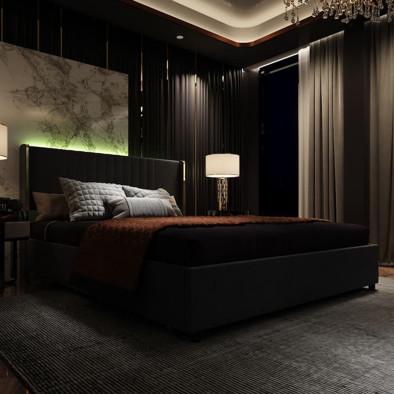 Modern Illuminated Bed Frame with Gold Trim - Chic Upholstered Design