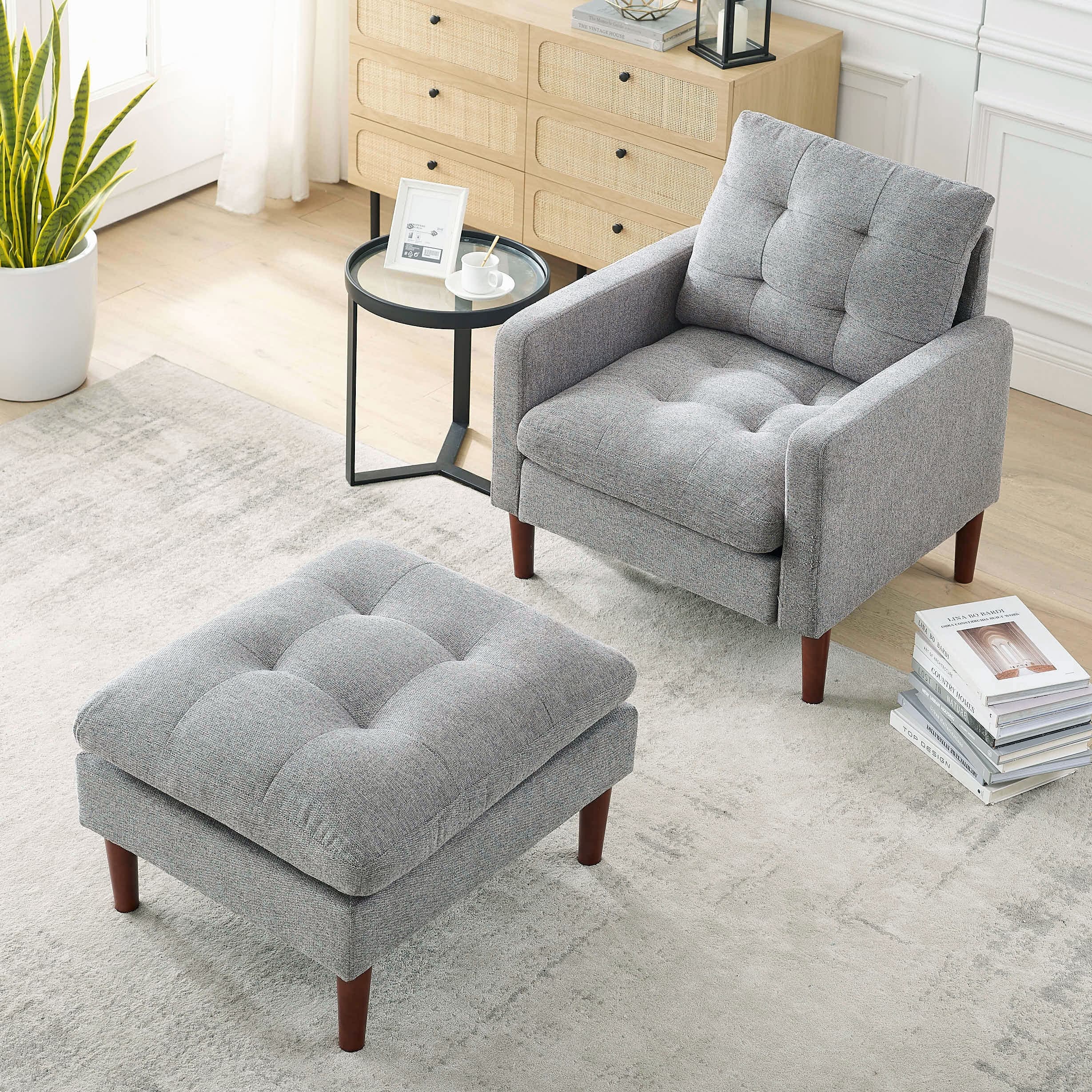 Modern Single Sofa Chair Living Room Chair Ottoman Sets Comfortable Fabric Armchair