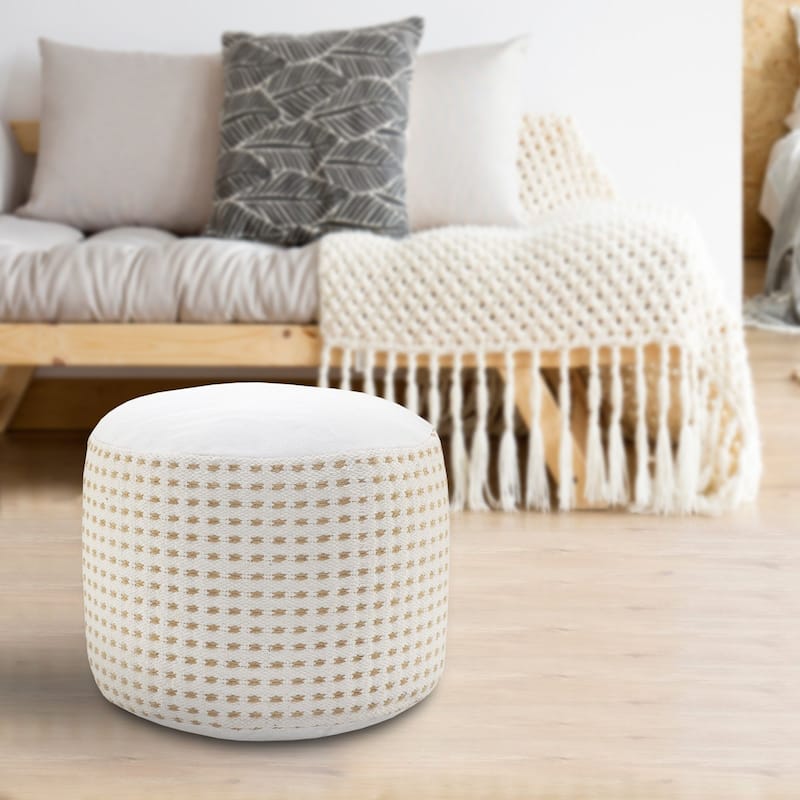 18" Tan and White Dashing Geometric Handcrafted Round Pouf Ottoman