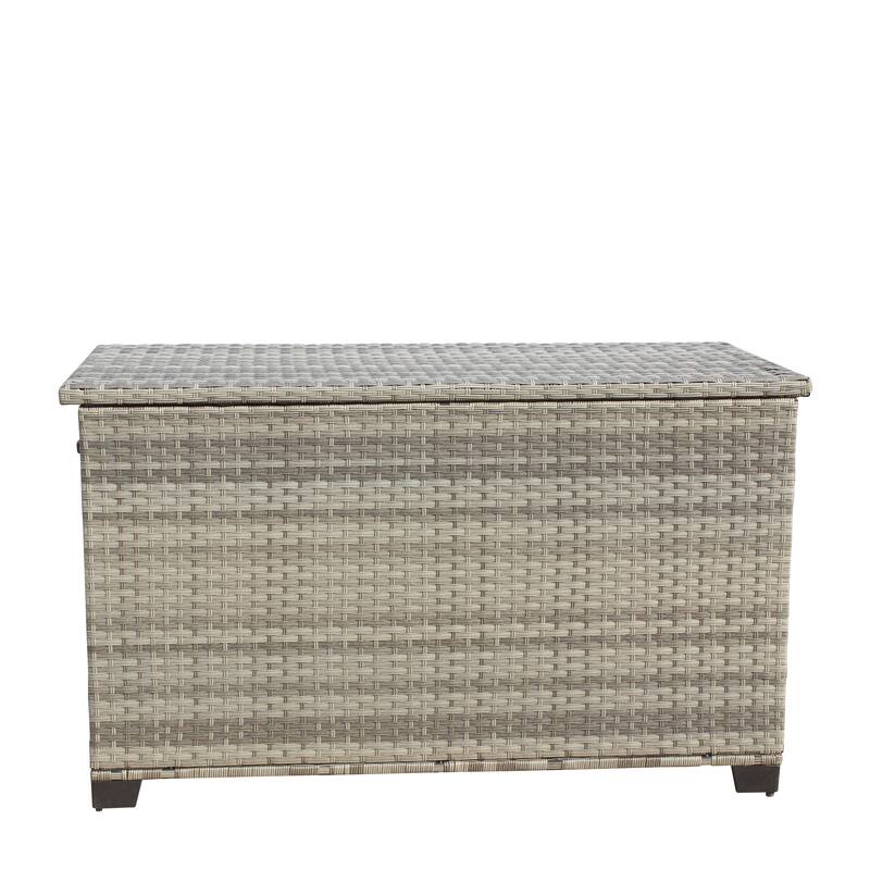 ​​Gray Modern Wicker Storage Box with Zippered Liner, 4 Wooden Legs and Lid for Patio Poolside and Garden