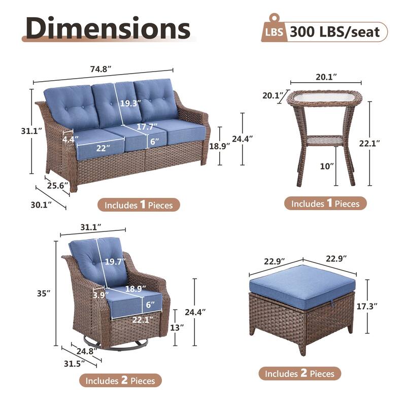 Artisan 6-Piece Patio Brown Wicker Sofa Conversation Set with 6-Inch Thick Cushions