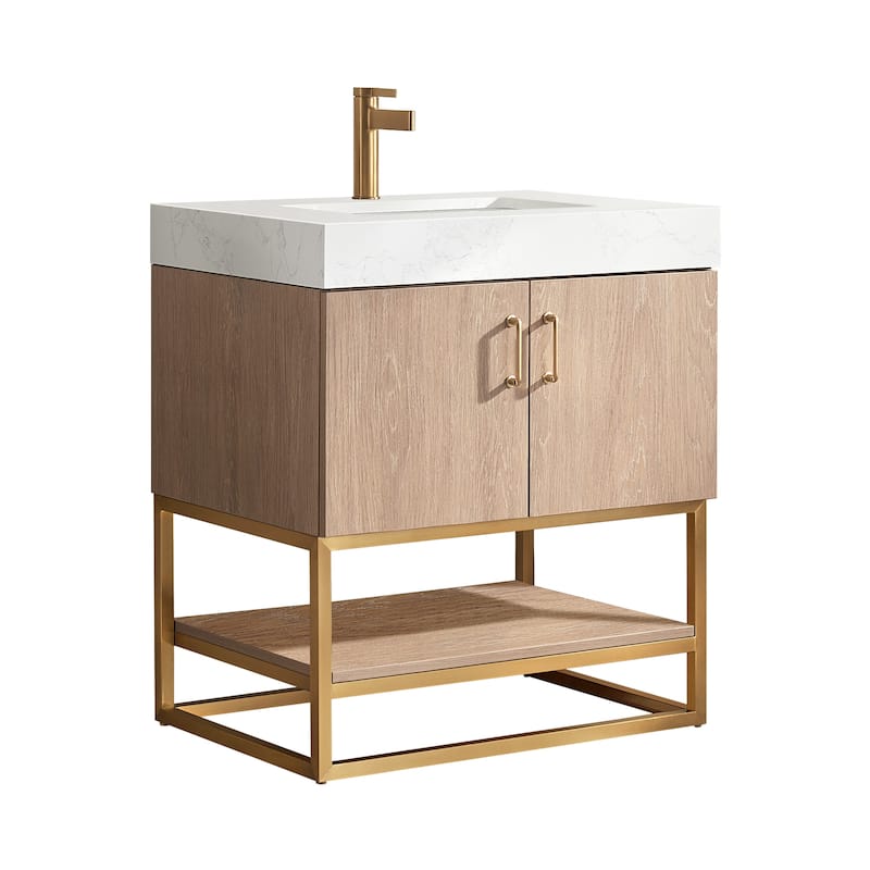 Alistair Single Bath Vanity with White Grain Stone Top without Mirror - 30" - North American Oak(Gold Hardware)